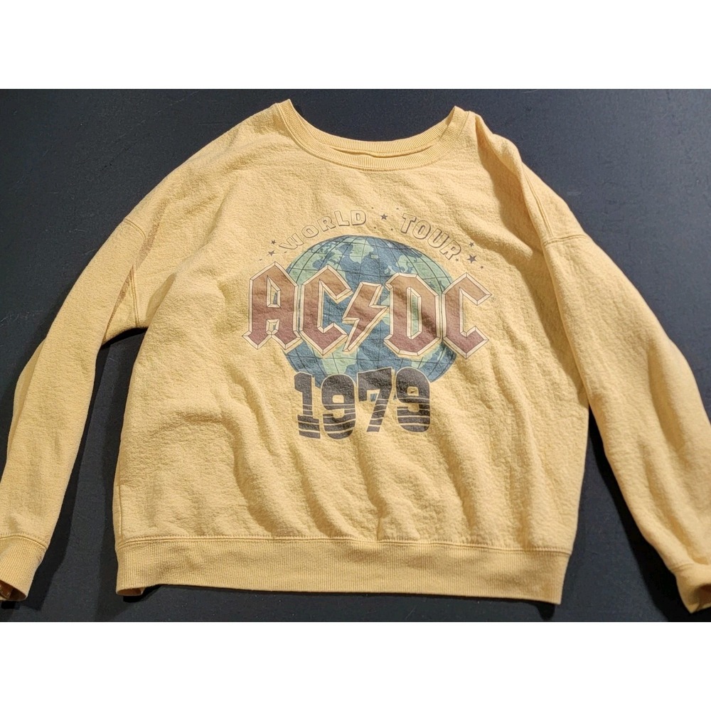 AC/DC 1979 World Tour Sweatshirt Men's L Yellow Graphic Band Merch Pullover